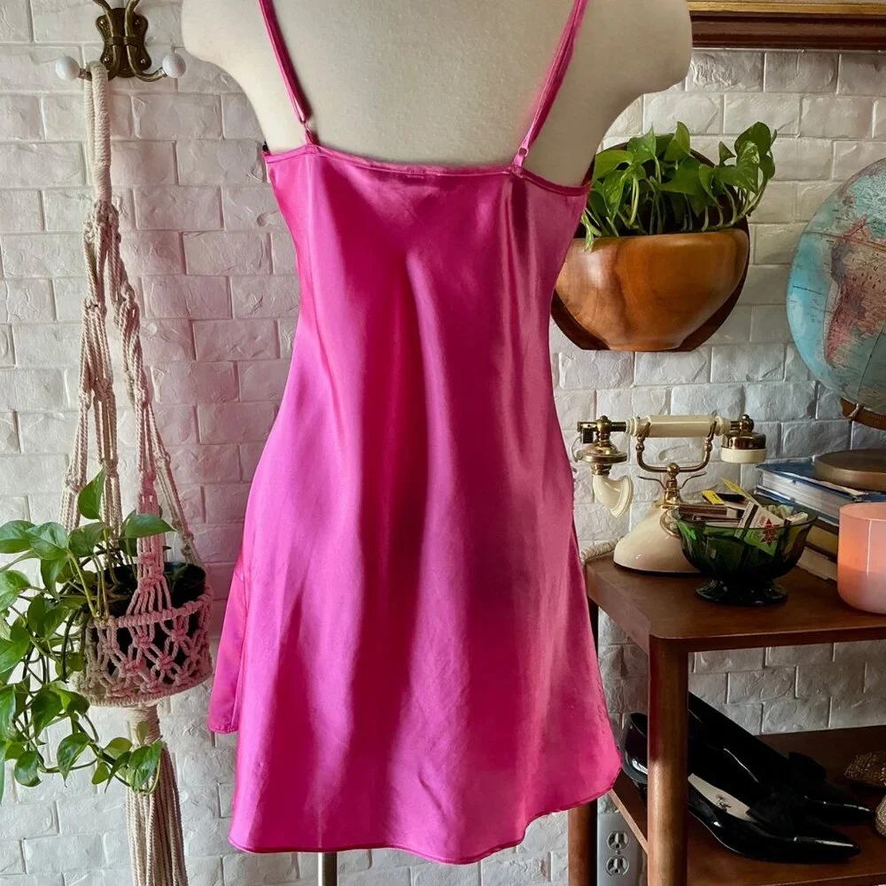 Vintage Linea Donatella Hot Pink Black Lace Satin Mini Slip Dress - Picture 8 of 11